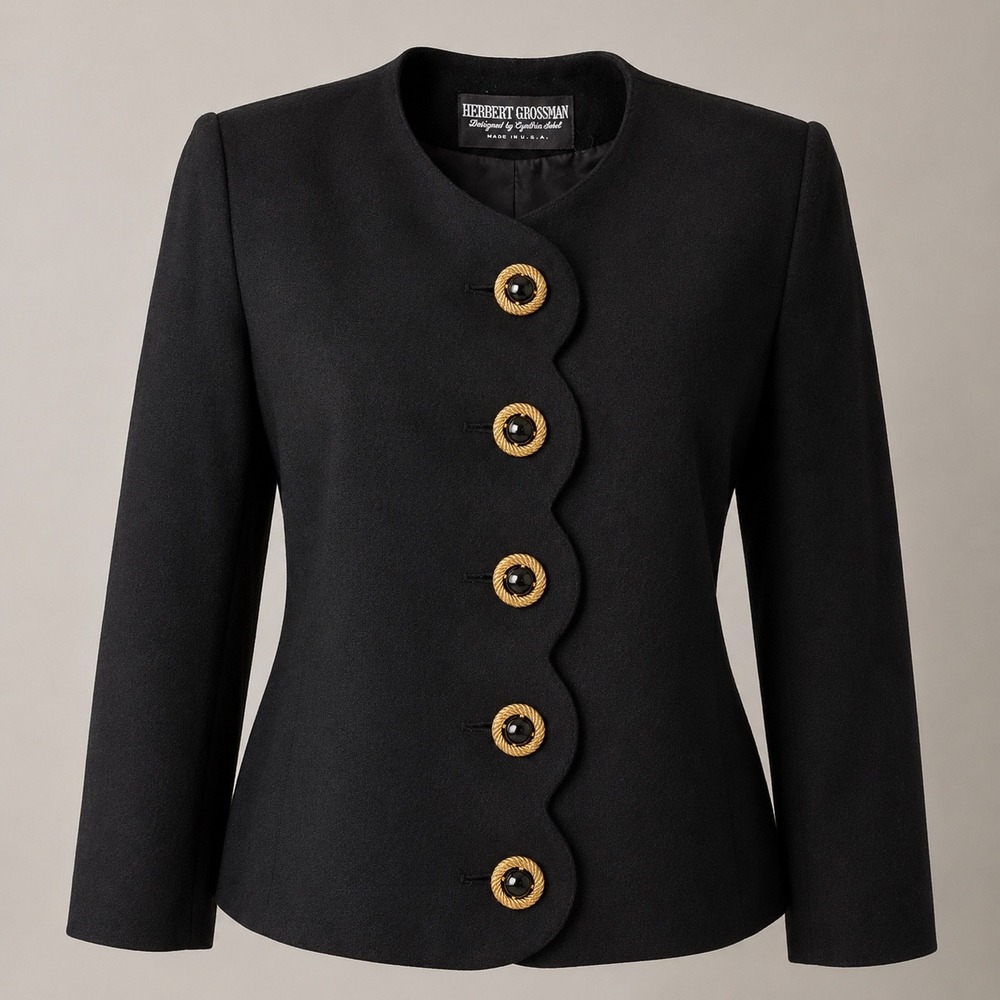 Vintage Herbert Grossman Wool Blazer Womens 16 USA Gold Button Black Jacket Chic